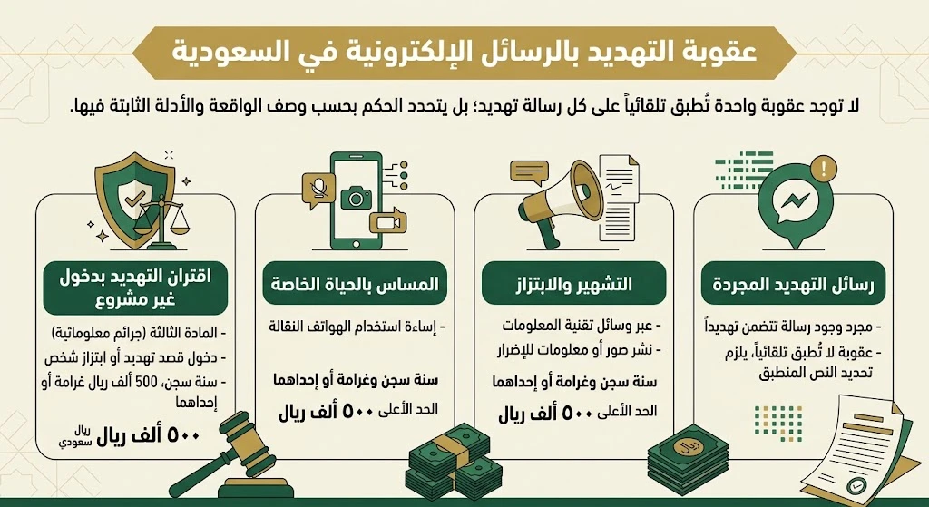 انفوغرافيك عقوبة التهديد بالرسائل في السعودية