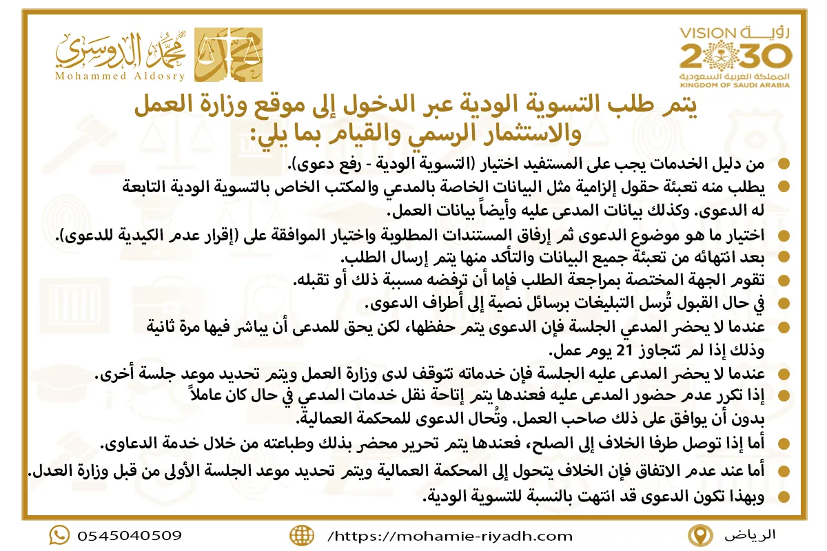 طلب التسوية الودية عبر الدخول إلى موقع وزارة العمل والاستثمار الرسمي والقيام بما يلي