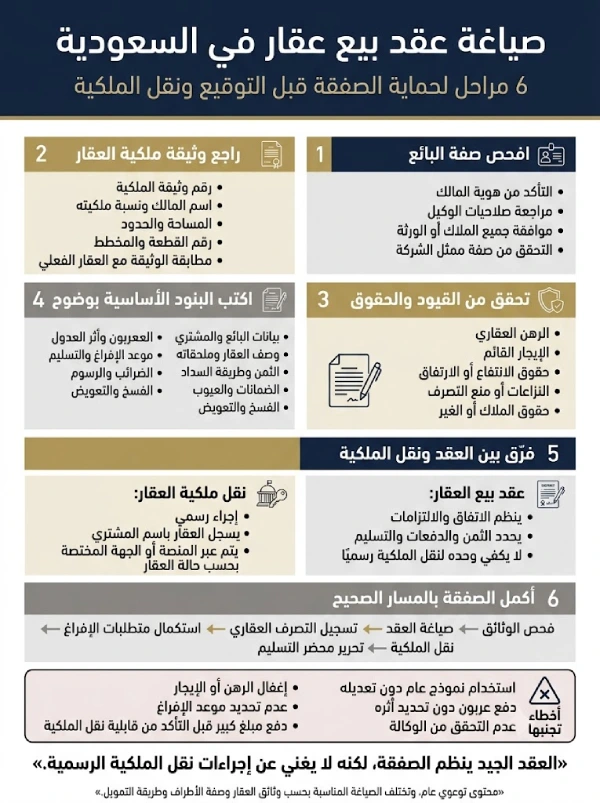 صياغة عقد بيع عقار في السعودية: البنود والتوثيق ونقل الملكية 1 أنفوغرافيك صياغة عقد بيع عقار