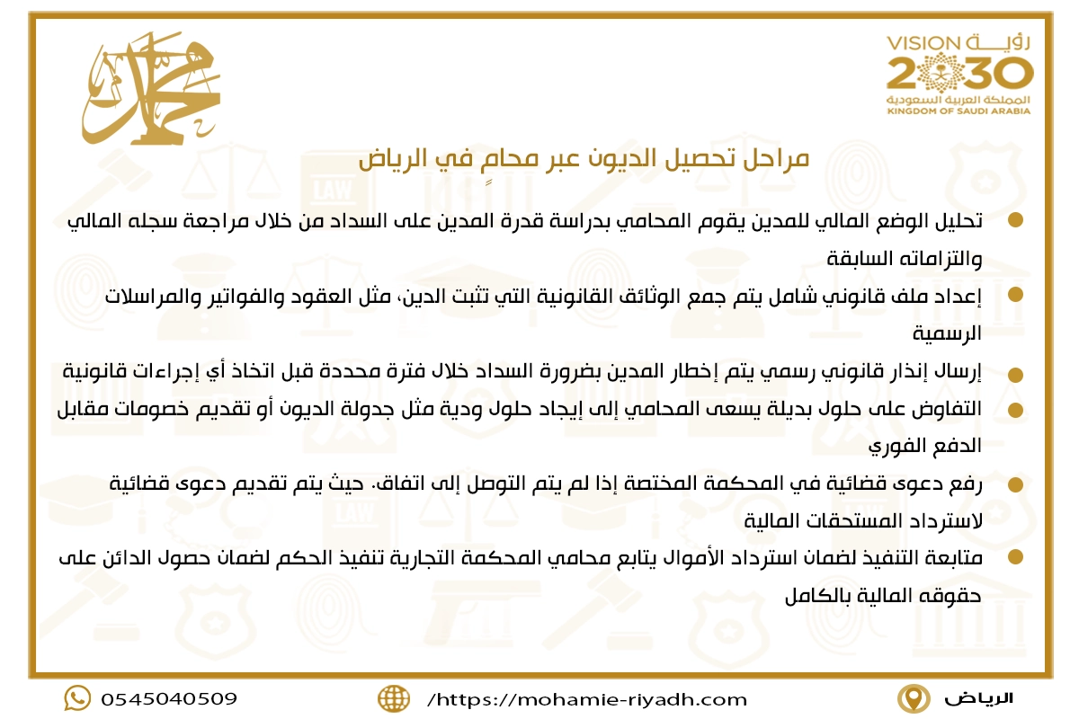 مراحل تحصيل الديون عبر محامٍ في الرياض