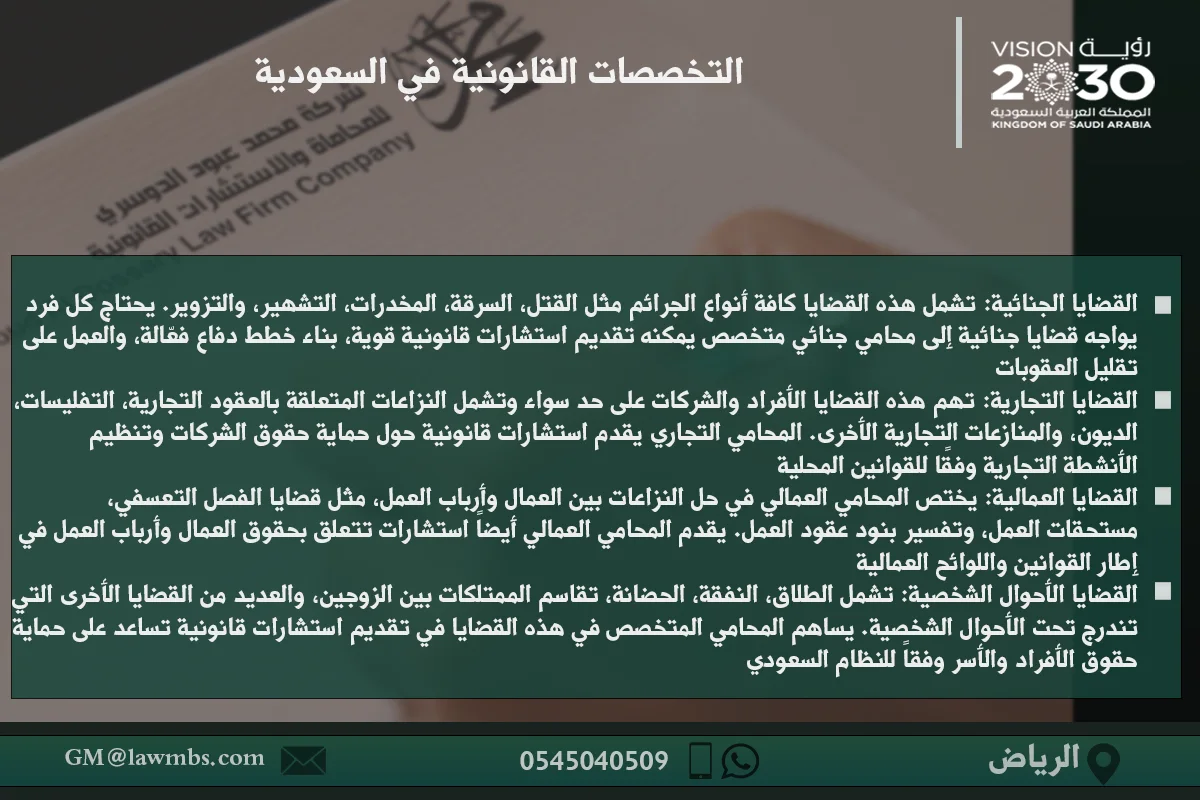 التخصصات القانونية في السعودية - شرح التخصصات القانونية المتنوعة مثل الأحوال الشخصية، القضايا التجارية، الجرائم الإلكترونية، العمل، والإدارة في السعودية.