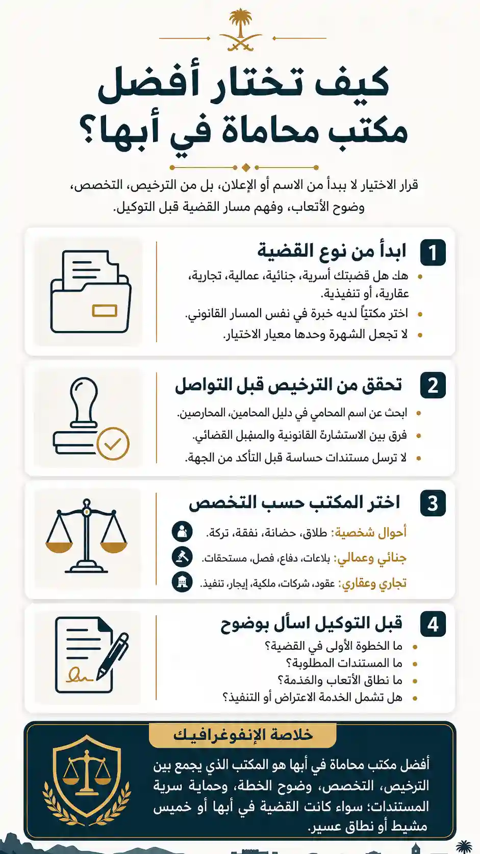 كيف تختار أفضل مكتب محاماة في أبها حسب نوع القضية؟ 1 انفوغرافيك أفضل مكتب محاماة في أبها