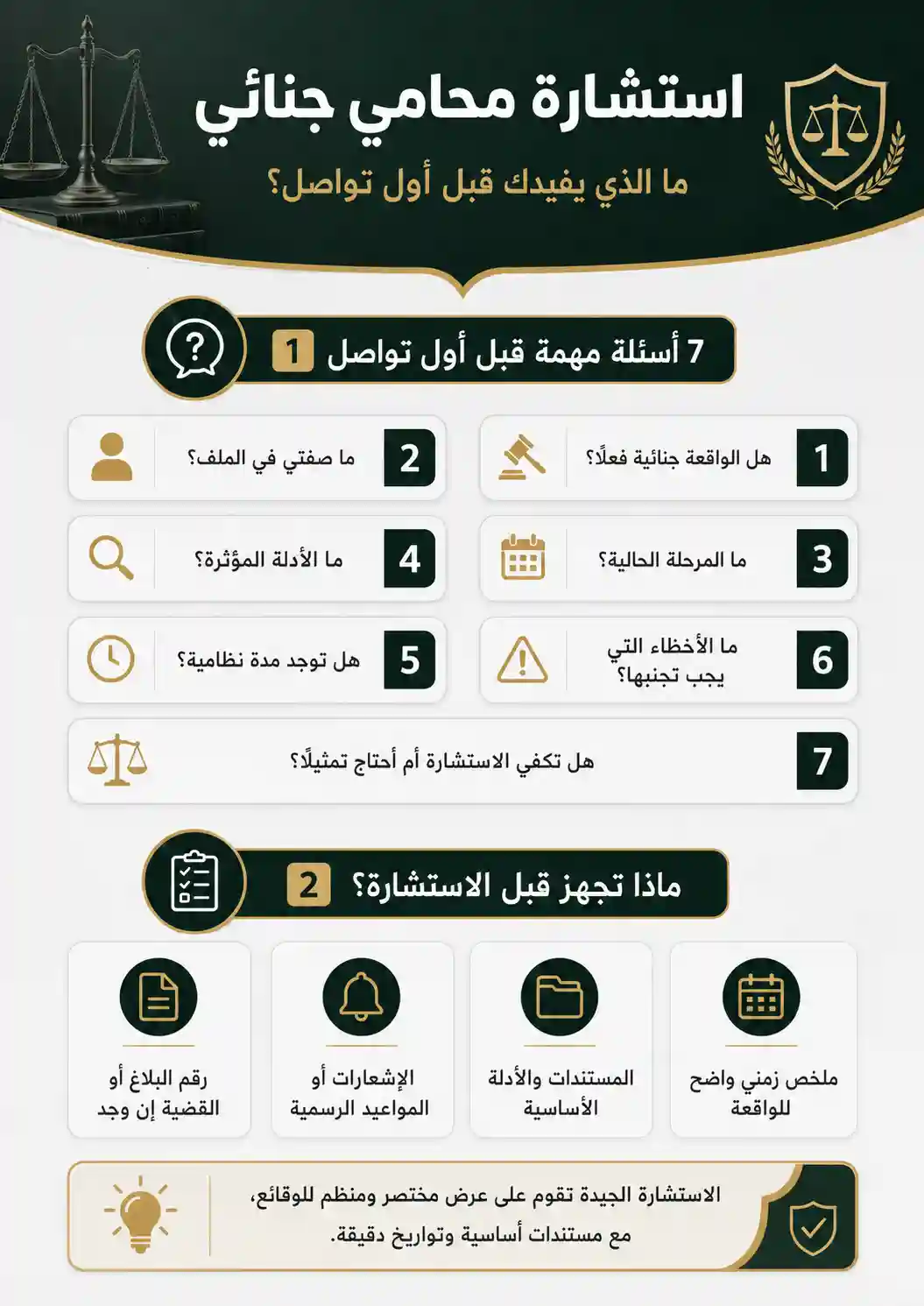 استشارة محامي جنائي قبل التحقيق أو الجلسة 1 انفوغرافيك استشارة محامي جنائي