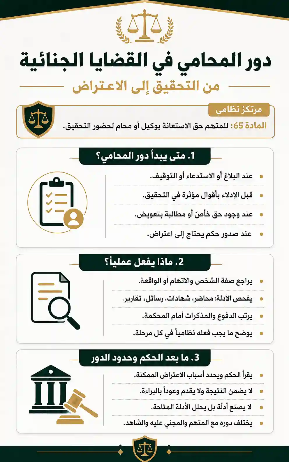 دور المحامي في القضايا الجنائية من التحقيق إلى الاعتراض 1 انفوغرافيك دور المحامي في القضايا الجنائية