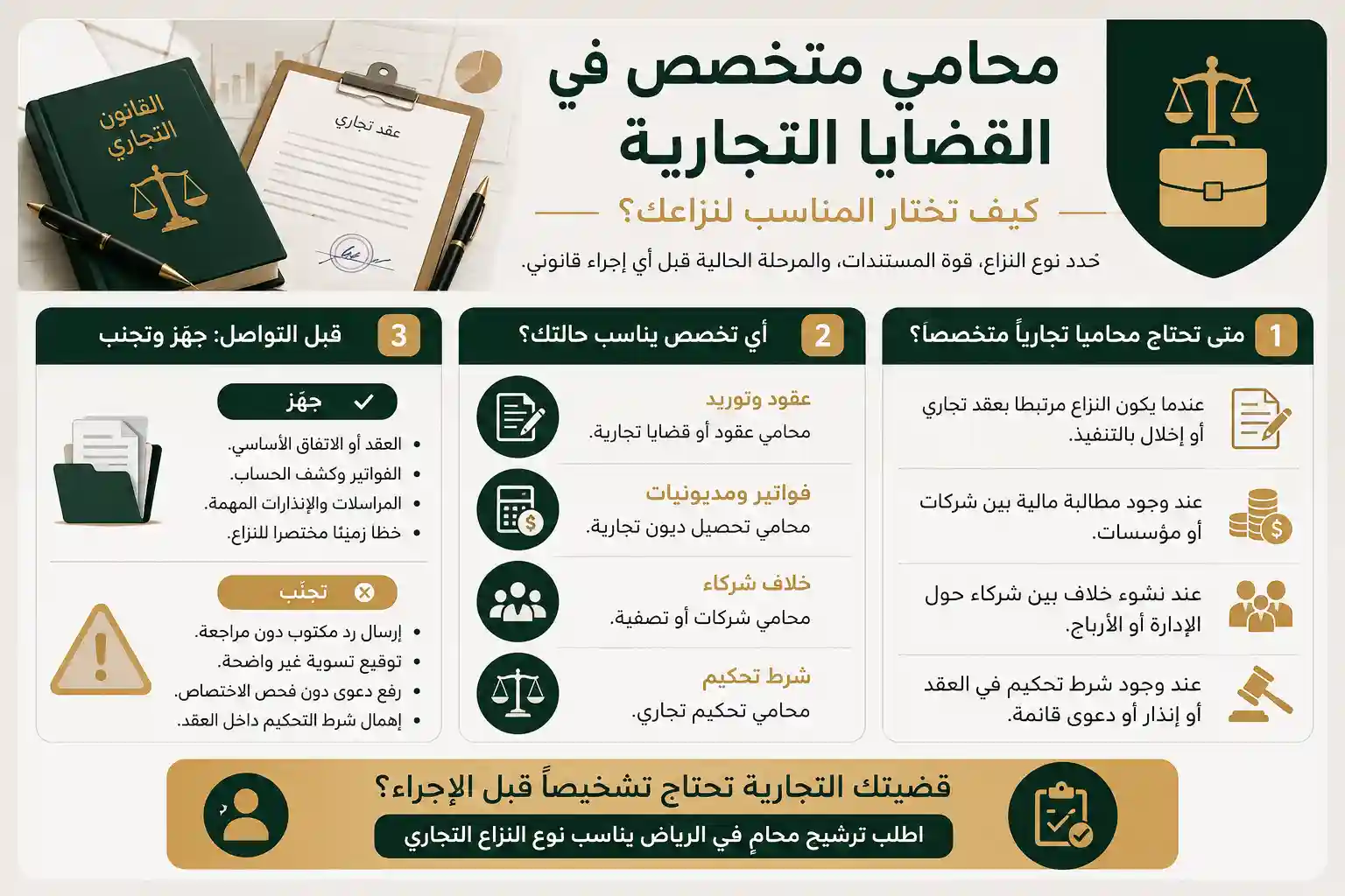 محامي متخصص في القضايا التجارية: كيف تختار المناسب لنزاعك؟ 1 انفوغرافيك محامي متخصص في القضايا التجارية