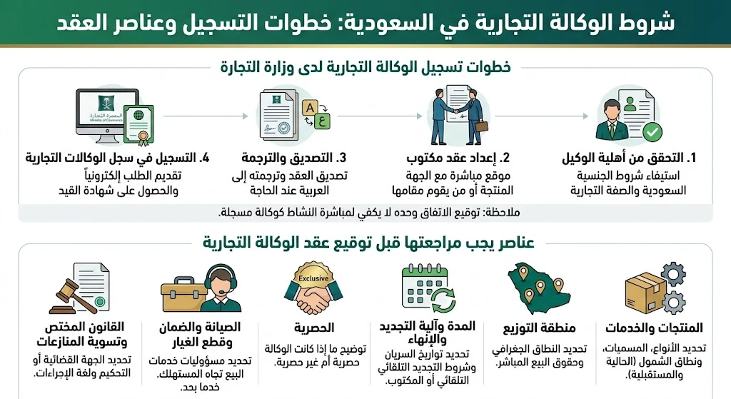 انفوغرافيك شروط الوكالة التجارية في السعودية
